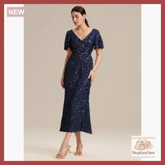 V-Neck Sequin Tulle Maxi Formal Evening Gown Mermaid Silhouette Elegant